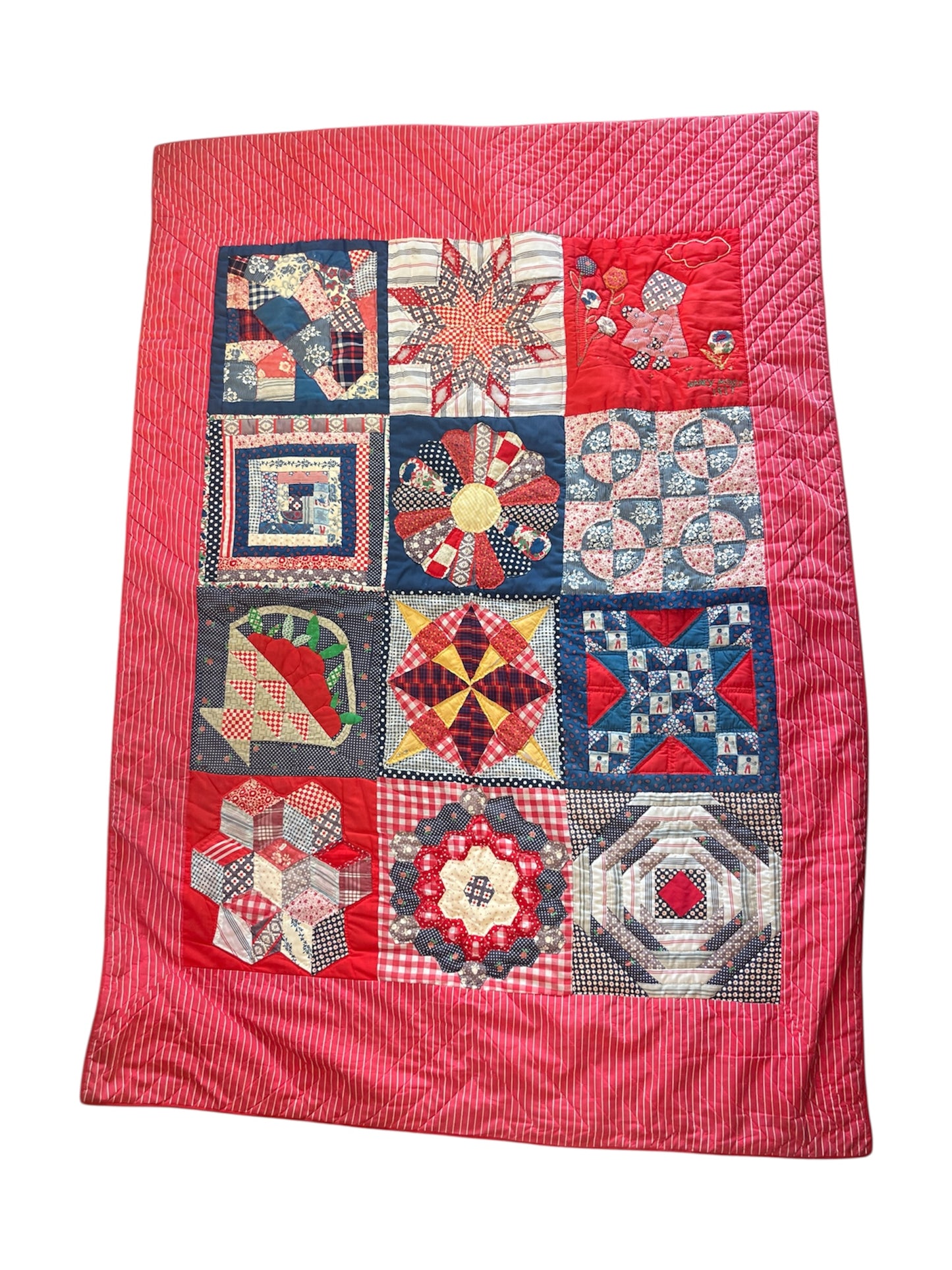 Vintage Patchwork Quilt with Red Ticking Stripe Backing Decor