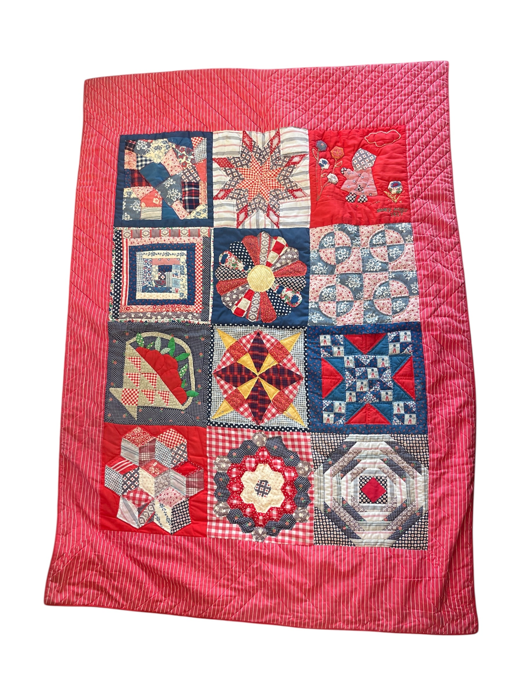 Vintage Patchwork Quilt with Red Ticking Stripe Backing Decor
