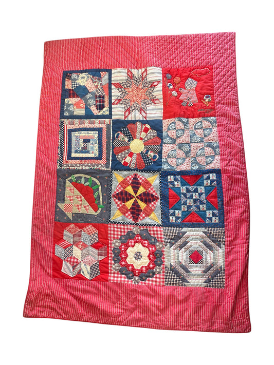 Vintage Patchwork Quilt with Red Ticking Stripe Backing Decor