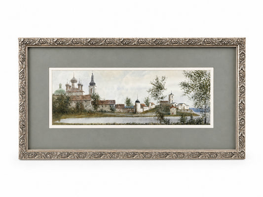 Framed Russian Monastery Original Watercolor Painting