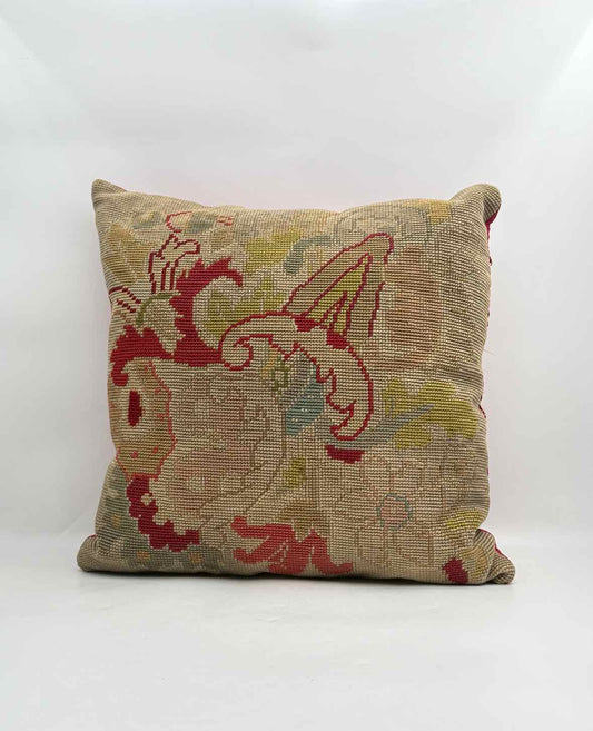 Antique 19th Century Needlepoint Pillow Floral and Red Velvet Back