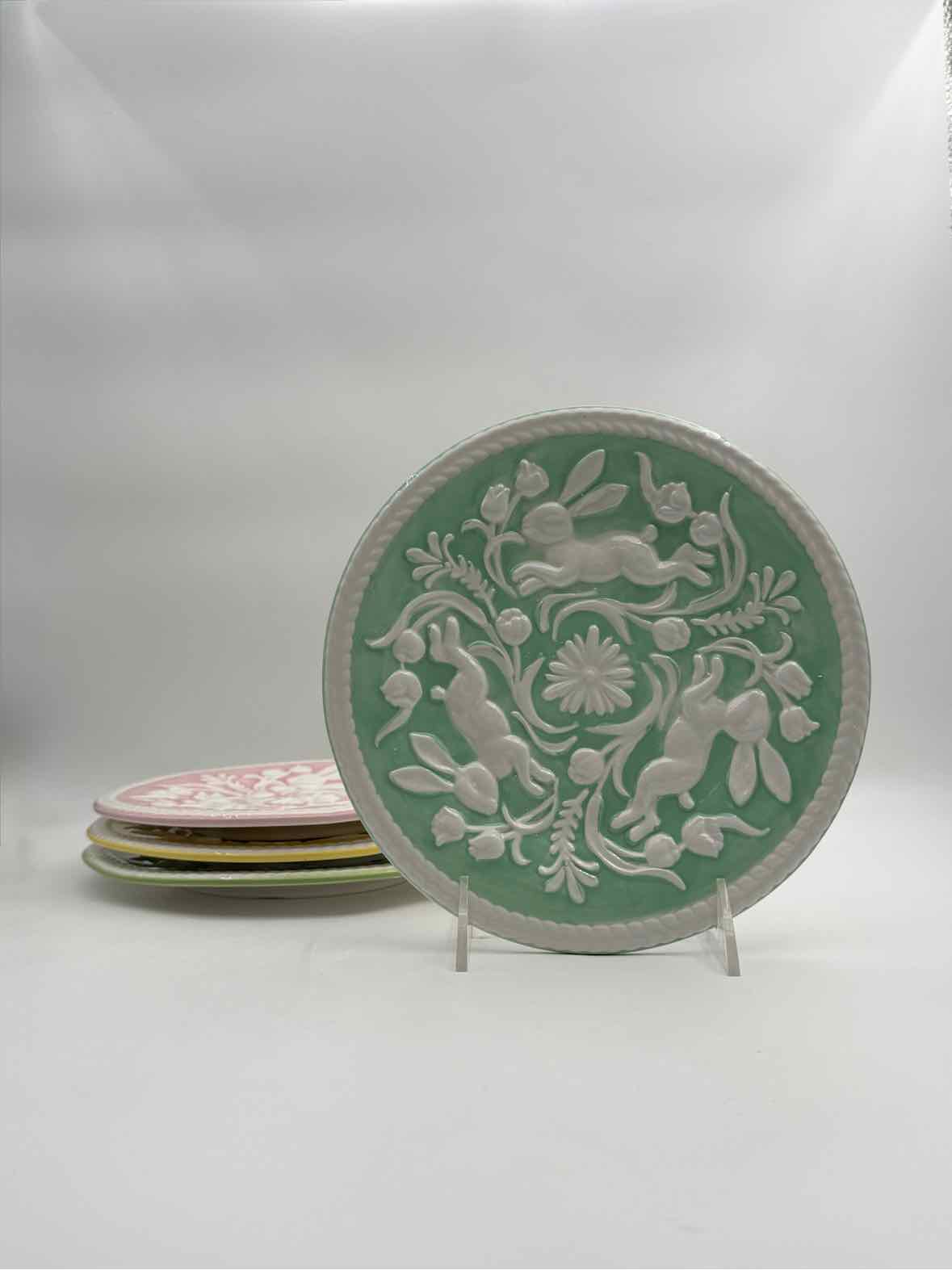 Easter Bunny Embossed Plates Set of 4 Pastel Assorted Colors Decor