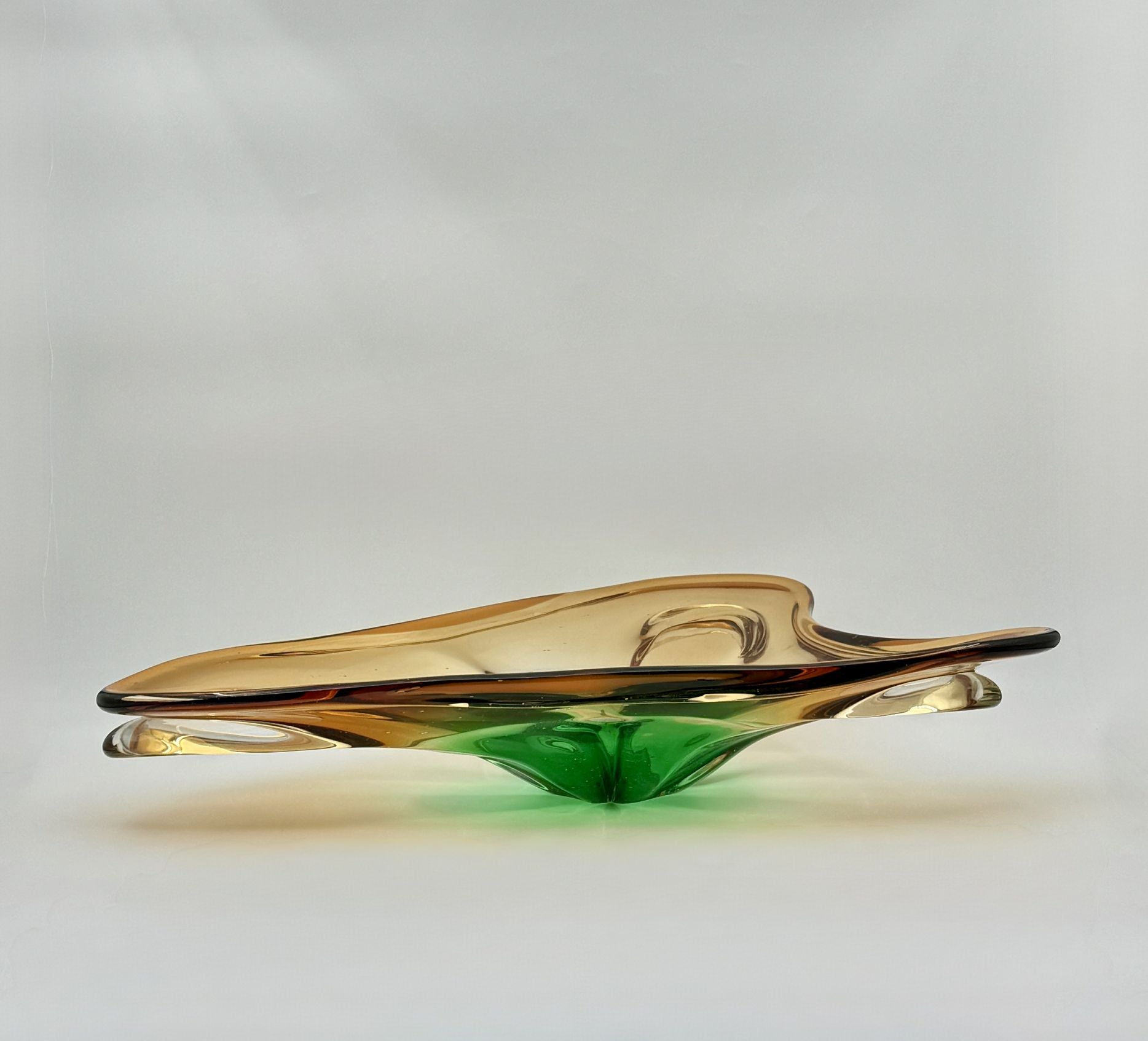 Handblown Triangular Art Glass Bowl Amber and Green Sculpted Form