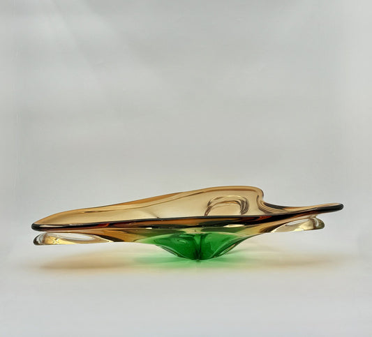 Handblown Triangular Art Glass Bowl Amber and Green Sculpted Form