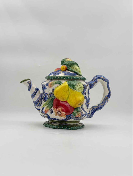 Fitz & Floyd Florentine Fruit Teapot Pear Pomegranate Hand Painted Art