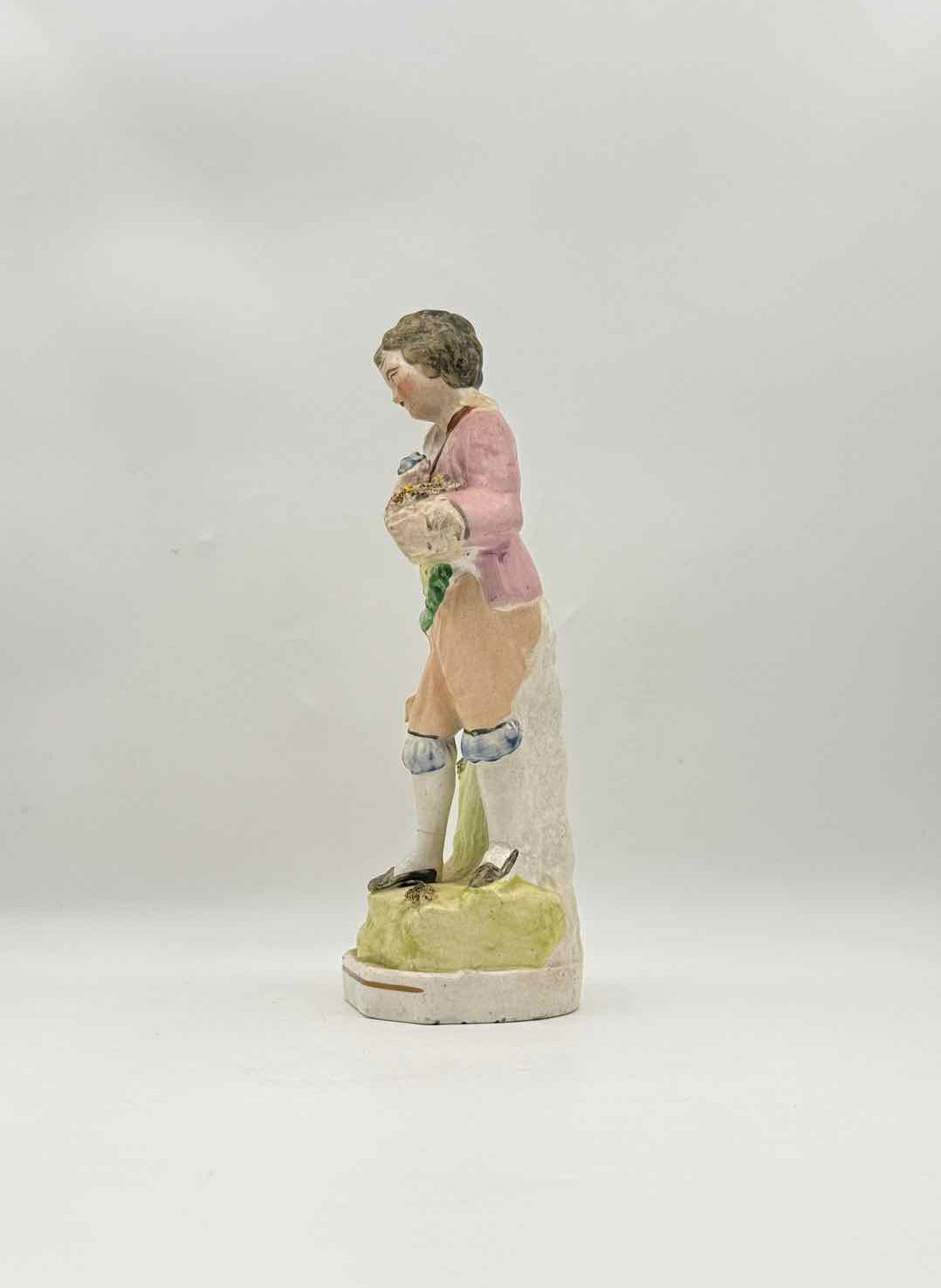Antique Staffordshire Boy with Basket Figurine c 1840 English Pottery
