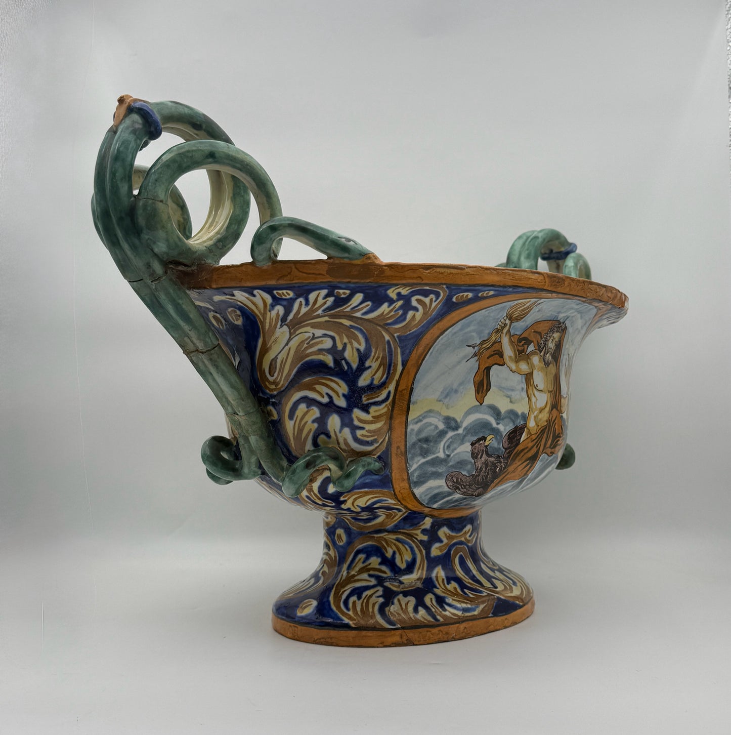 Antique Italian Majolica Zeus And Artemis Jardiniere With Snake Handles
