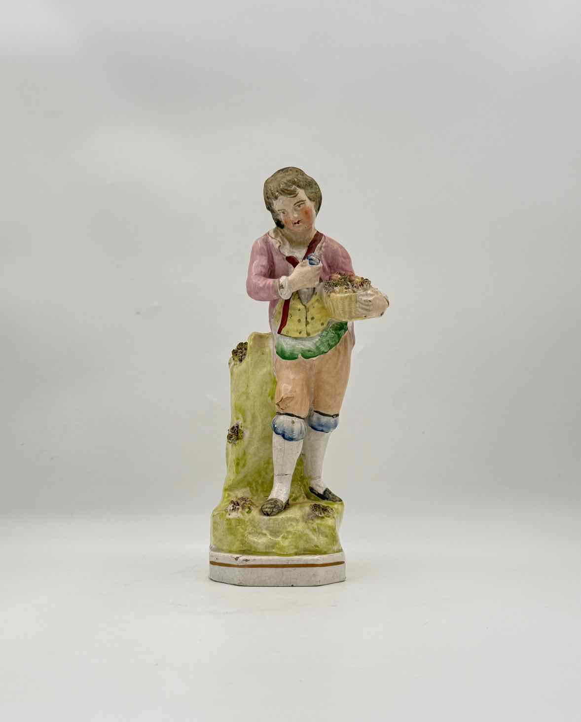 Antique Staffordshire Boy with Basket Figurine c 1840 English Pottery