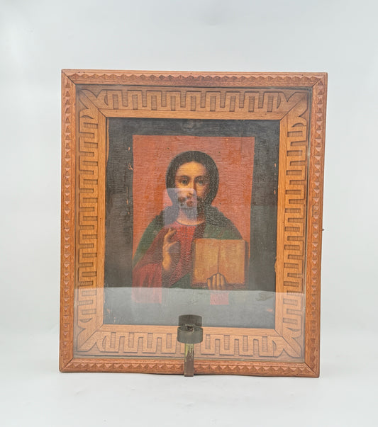 Framed Russian Orthodox Christ PantocraterWith Metal Votive Holder