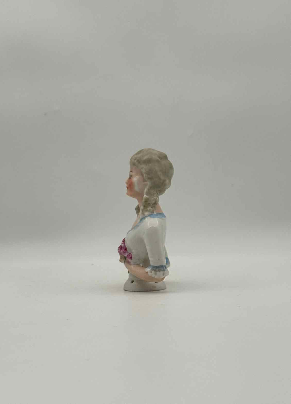 Antique Porcelain Half Doll Female Bust Holding Flowers Figurine Art