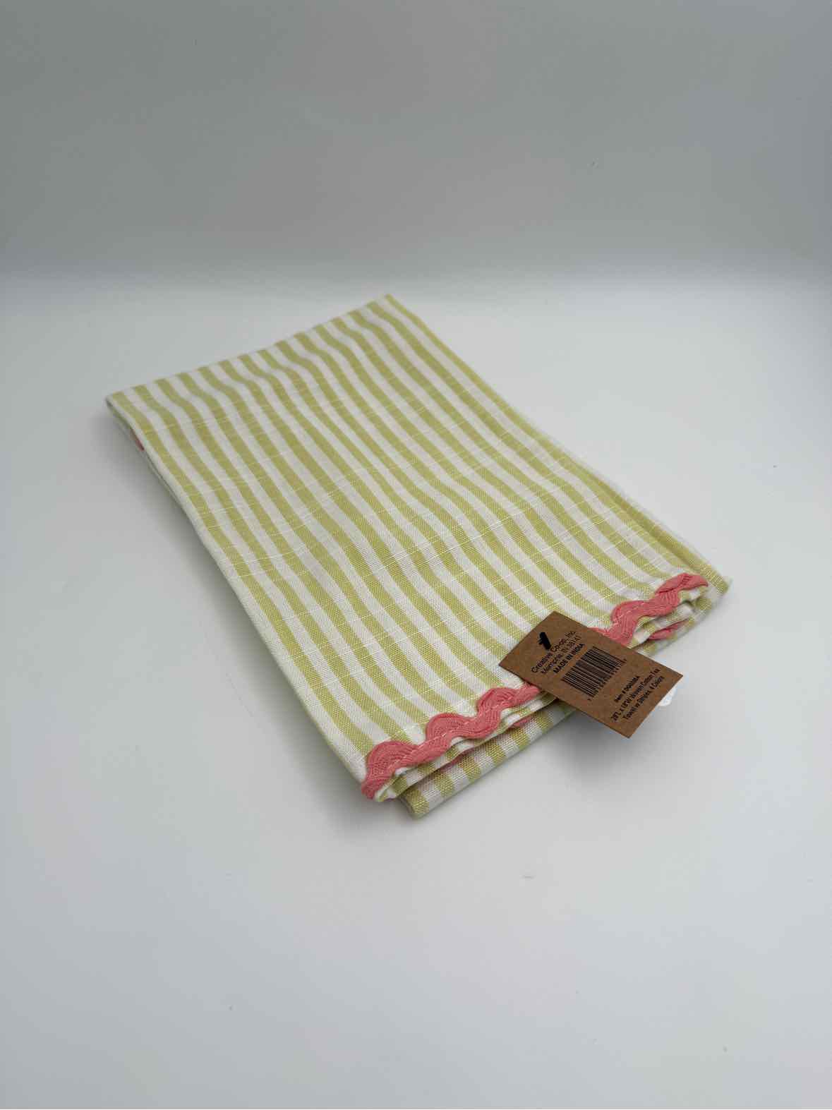 Yellow Striped 100% Cotton Tea Towel With Pink Trim