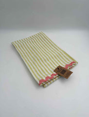 Yellow Striped Cotton Tea Towel with Pink Ric Rac Trim