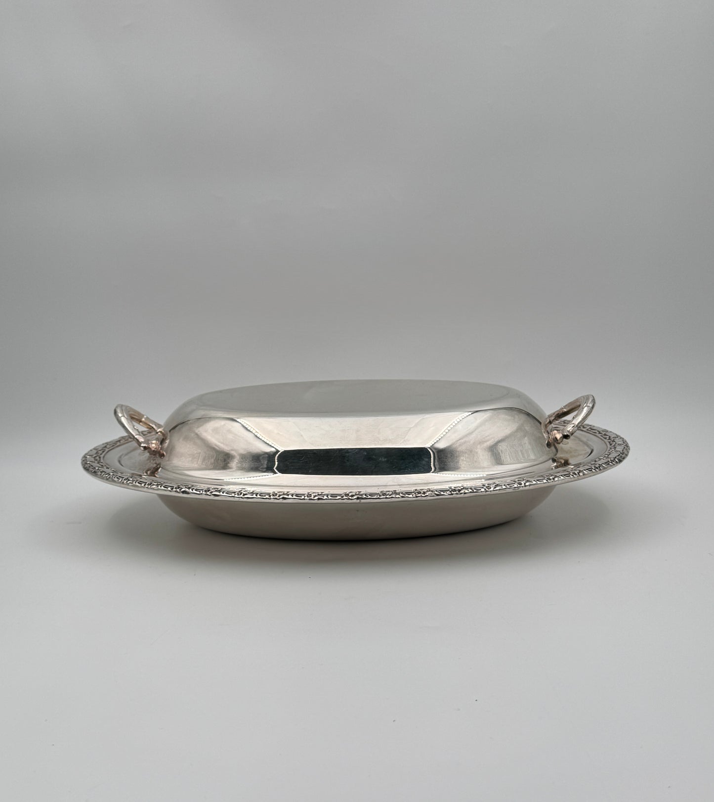 Silverplate Oval Covered Serving Dish with Decorative Rim