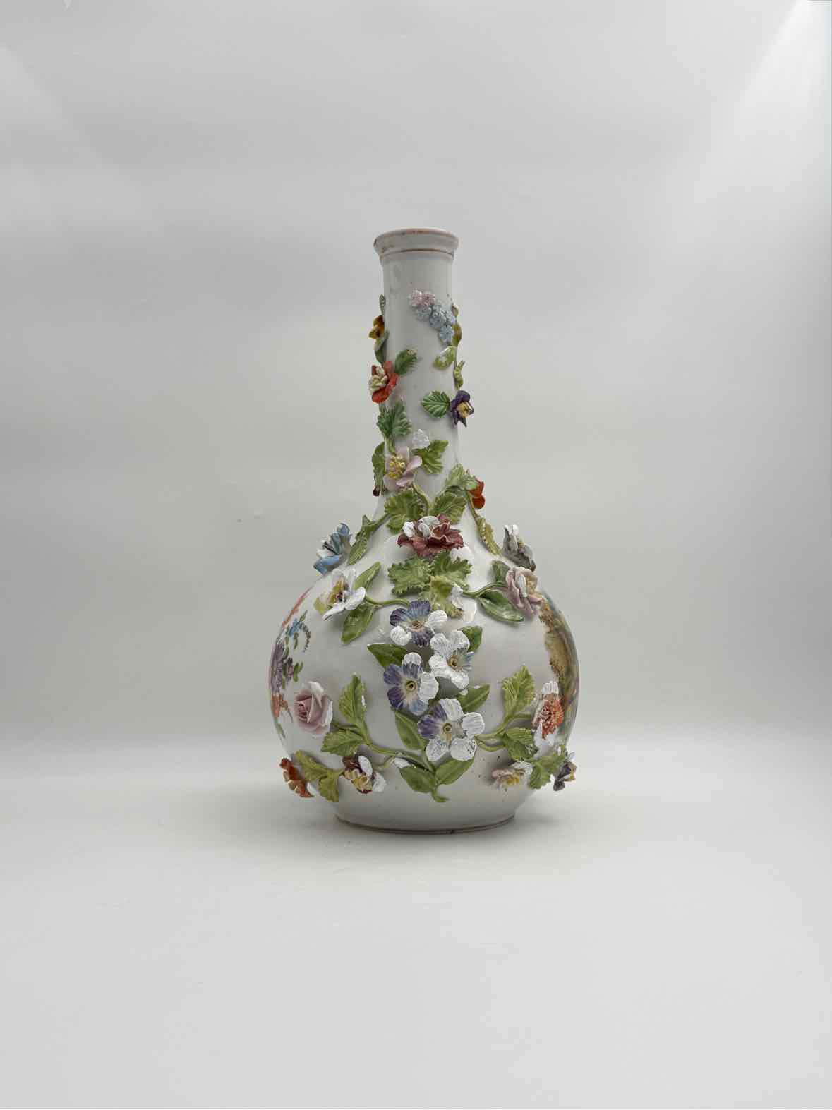 Antique 19th Century Meissen Inspired Floral Encrusted Handpainted Vases