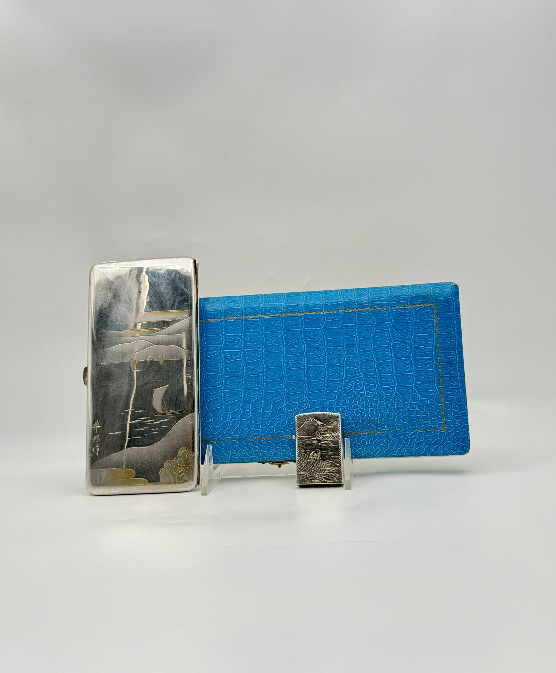 Japanese .950 Silver Cigarette Case & Lighter Set in Box – c.1960