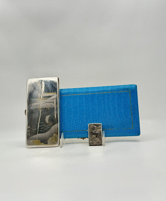 Japanese .950 Silver Cigarette Case & Lighter Set in Box – c.1960