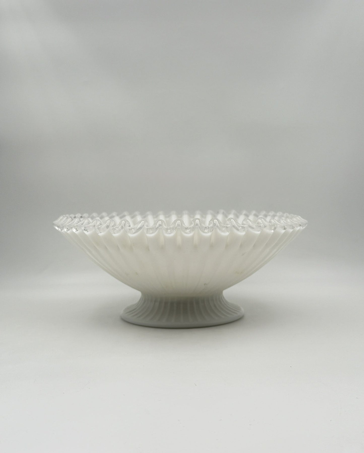 Milk Glass Pedestal Bowl – White Ribbed with Clear Ruffled Edge