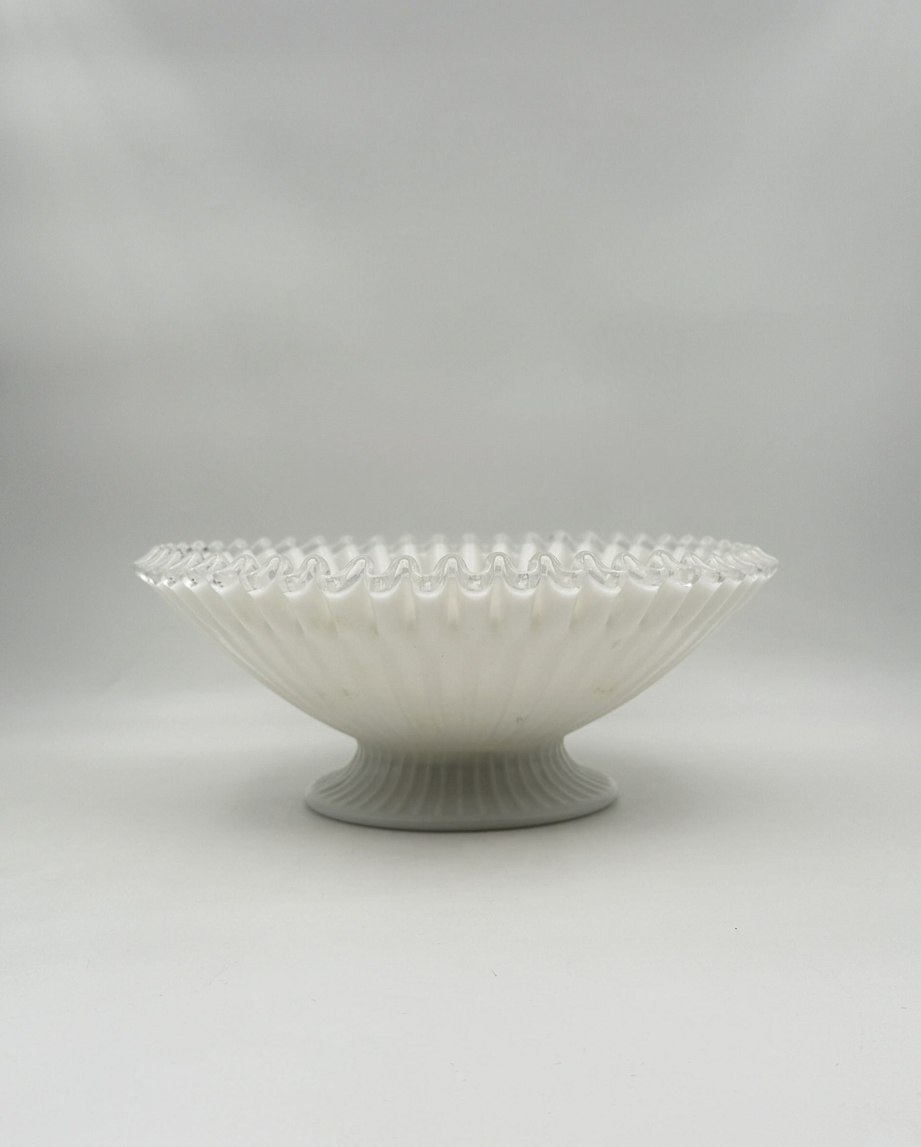 Milk Glass Pedestal Bowl – White Ribbed with Clear Ruffled Edge