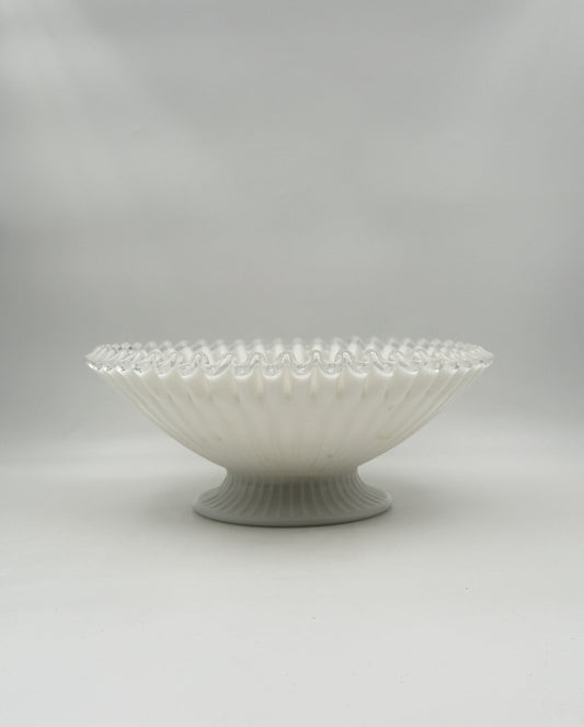 Milk Glass Pedestal Bowl – White Ribbed with Clear Ruffled Edge