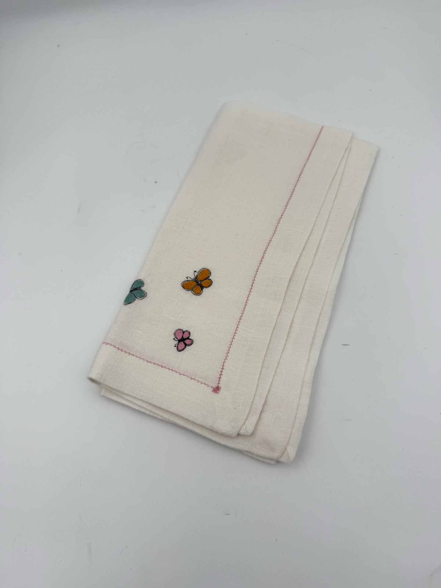 Hand Embroidered Linen Butterfly Napkins- Set Of 12