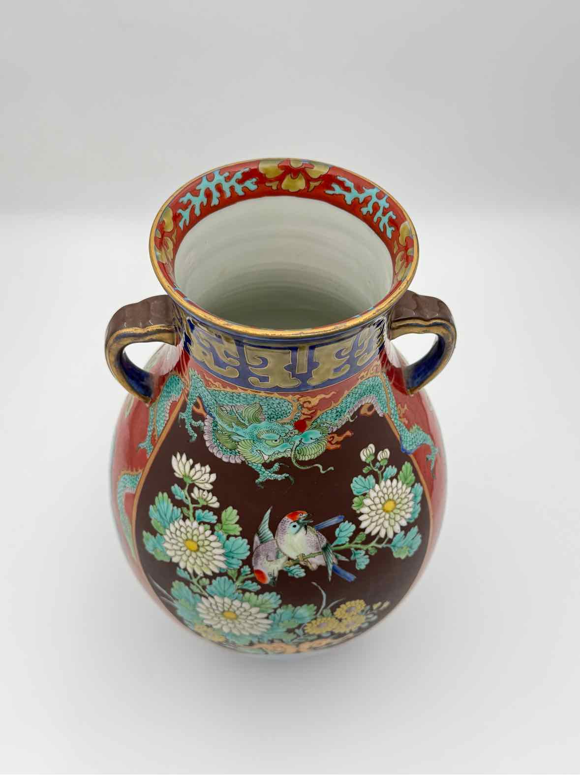 Antique Japanese Satsuma Vase with Dragon & Phoenix, Window Design