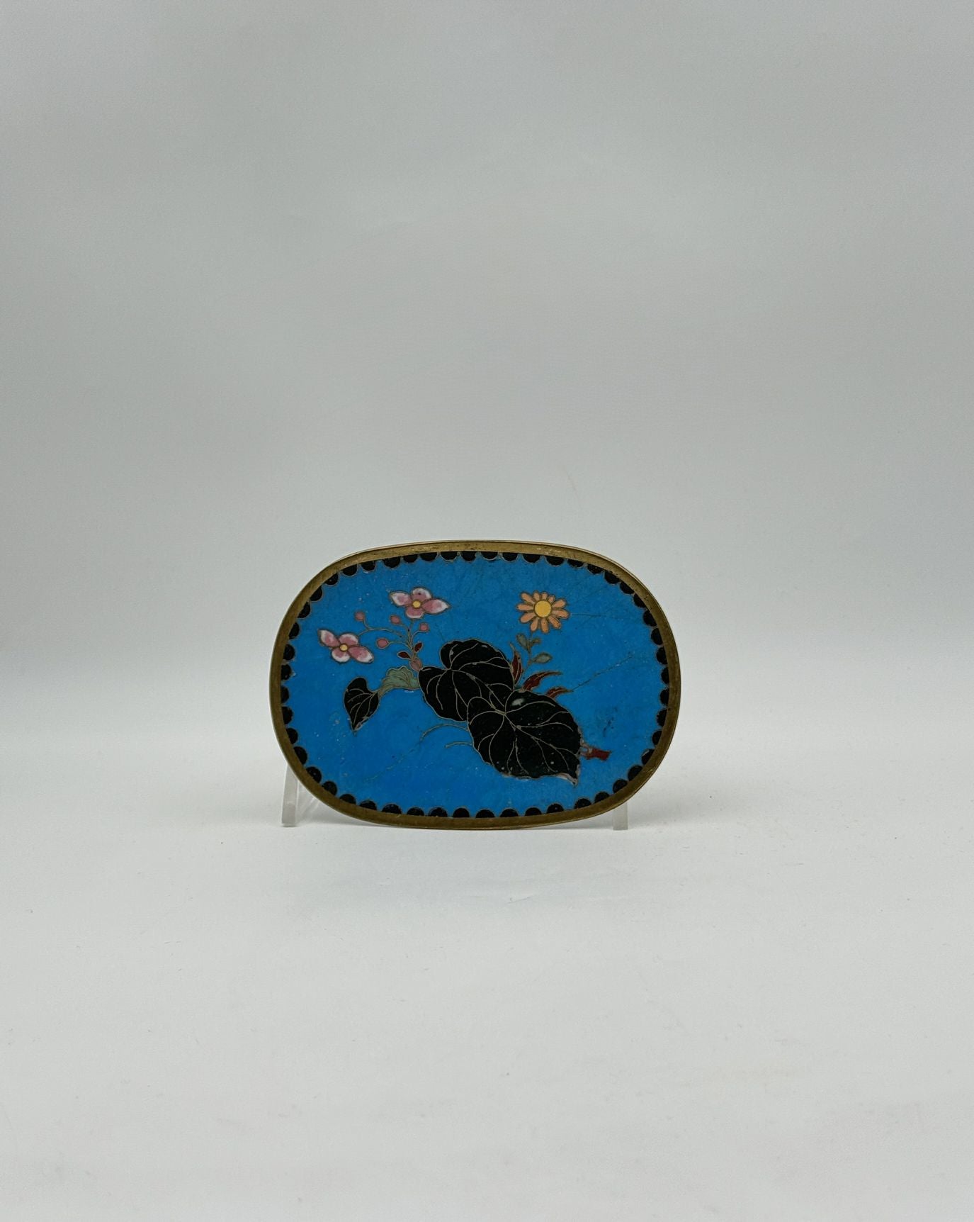 Vintage Chinese Cloisonné Oval Dish – Leaves & Blossoms on Blue