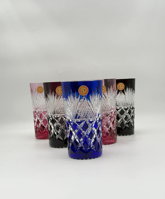 Set of 6 Czech Cut Crystal Tumblers – Multi-Color Drinking Glasses