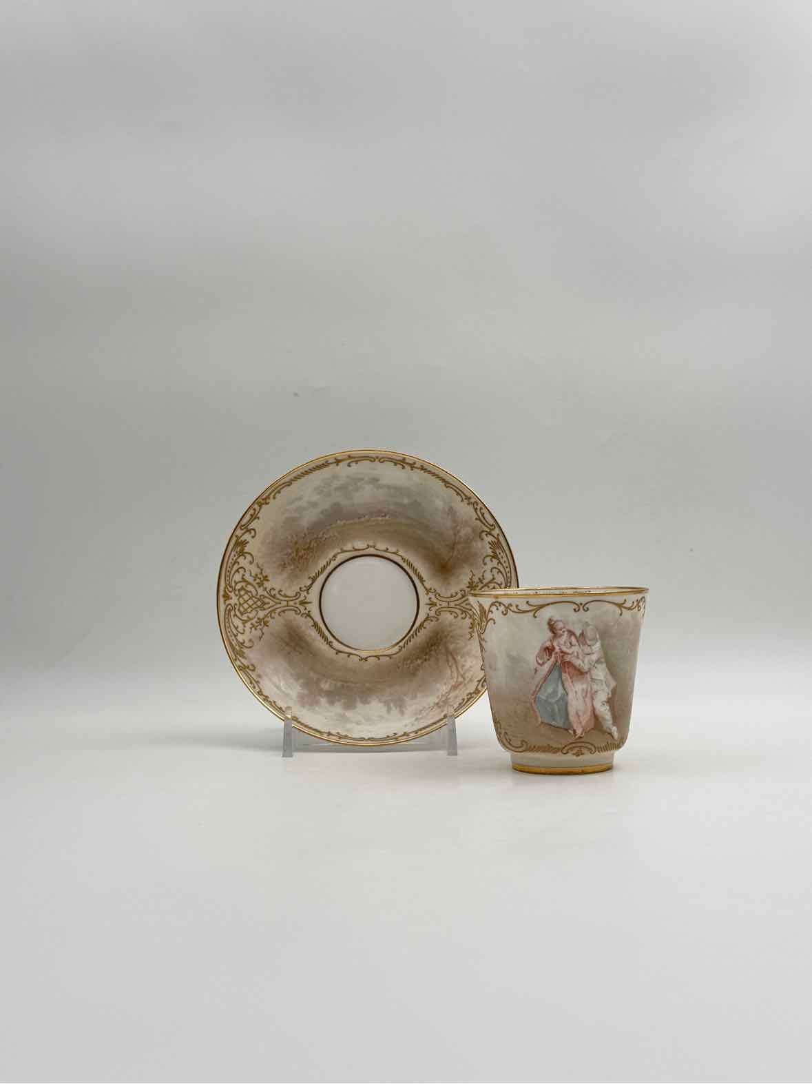 Antique 1900 Sevres Lovers Series Set Of Five Handpainted Teacups And Saucers