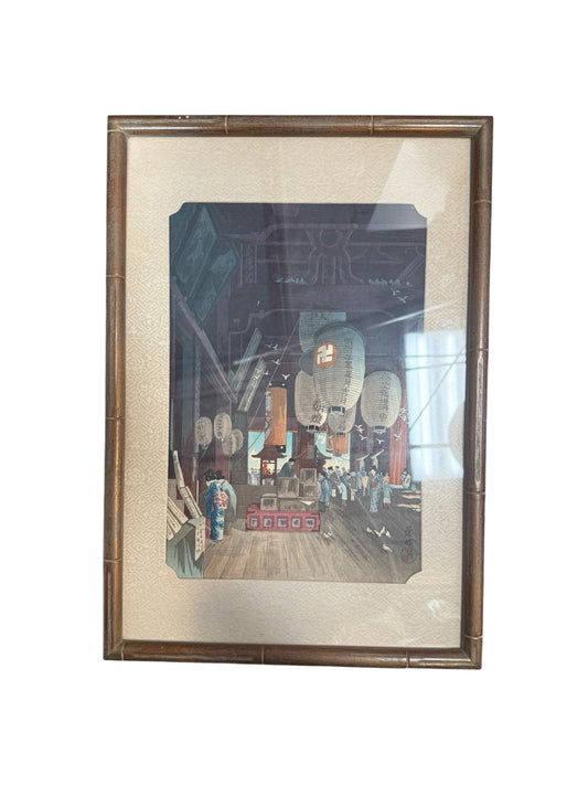 Eisho Narazuki Interior of Asakusa Kannon Temple Framed Woodblock Print