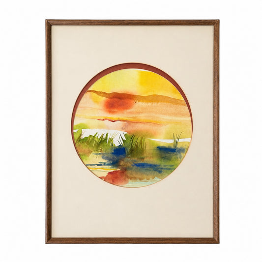 Framed Midcentury Modern Style Watercolor Landscape