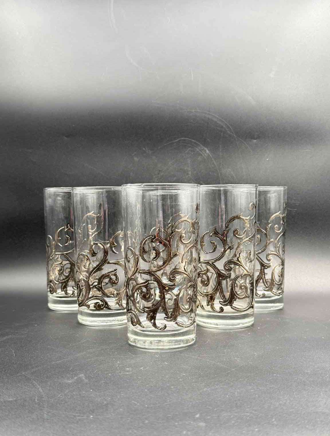 Vintage Libbey Highball Glasses Scroll Overlay Set of 6 Barware
