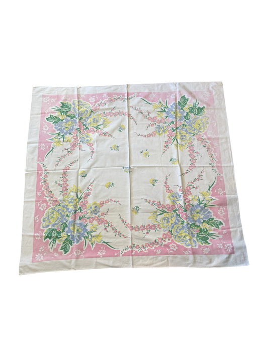 Vintage Cotton Pink And Blue Floral Tablecloth