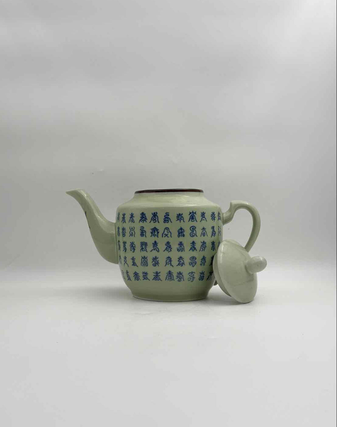 Chinese Celadon Teapot with Blue Calligraphy Lidded Porcelain Tea Pot