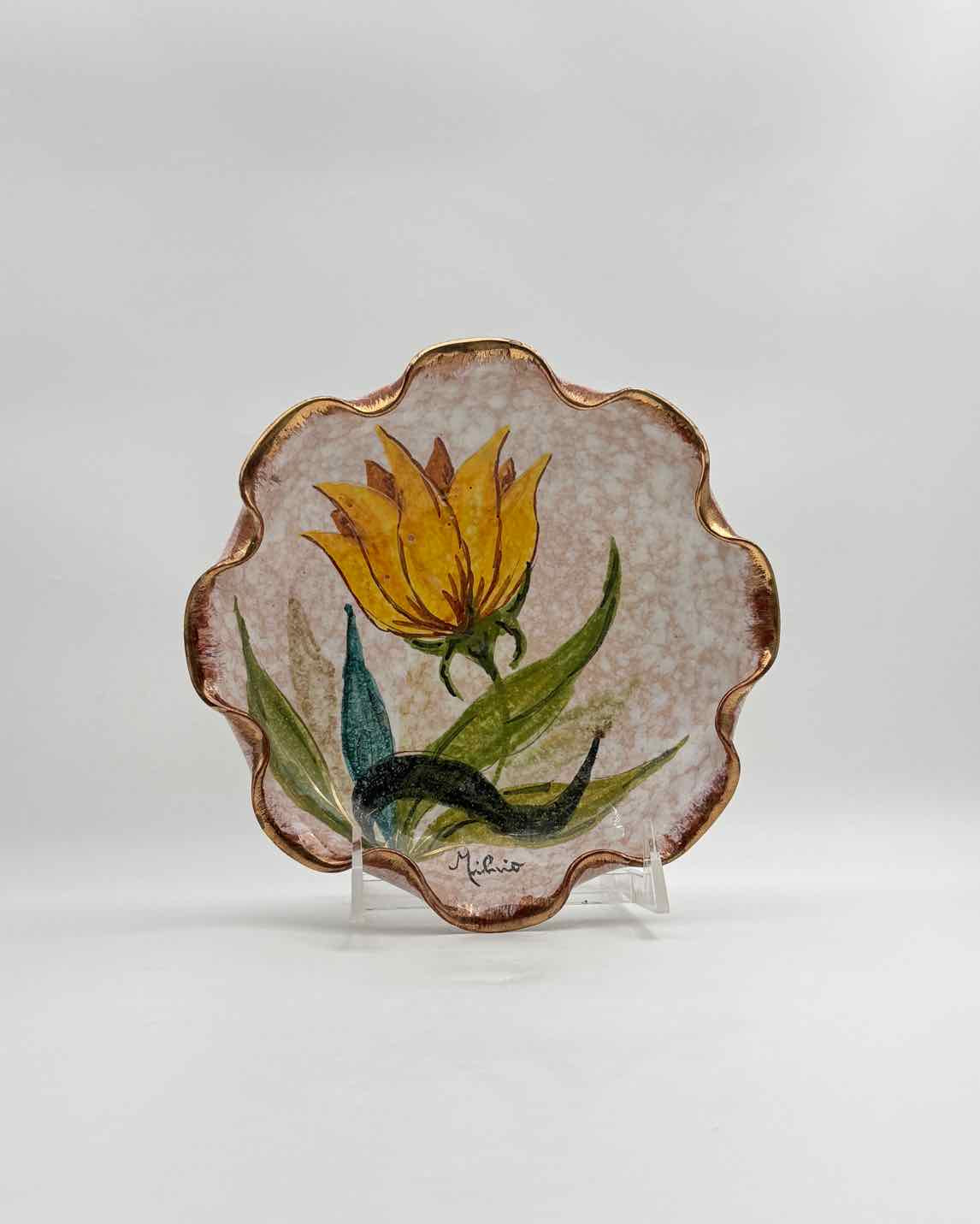 Vintage Italian Hand-Painted Yellow Flower Ceramic Bowl with Gold Rim