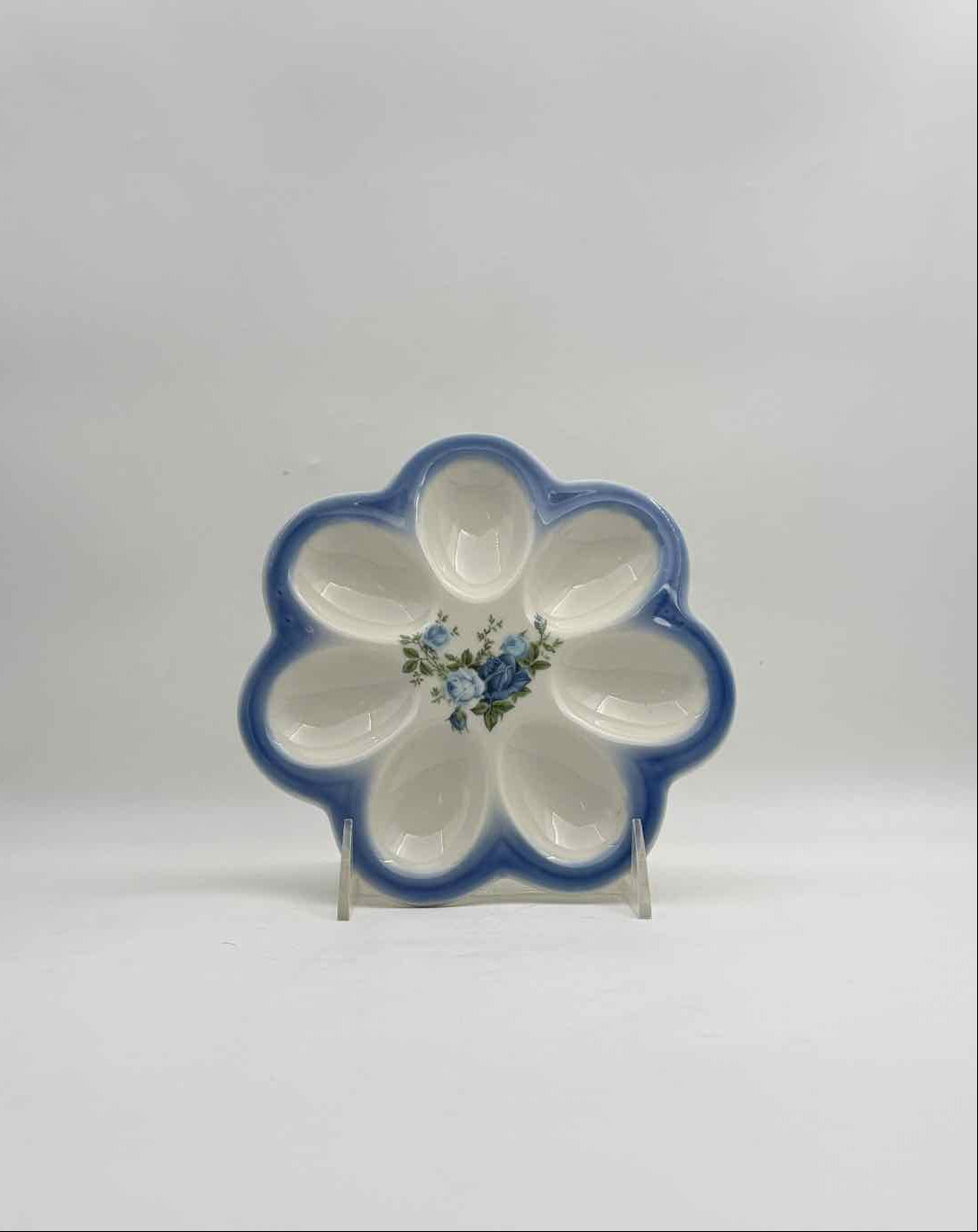 Blue Rose Ceramic Deviled Egg Plate Easter Serving Dish Floral Decor