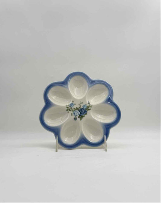 Blue Rose Ceramic Deviled Egg Plate Easter Serving Dish Floral Decor