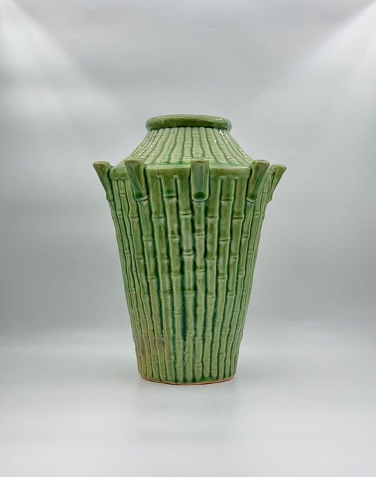 Green Ceramic Vase with Rattan Motif