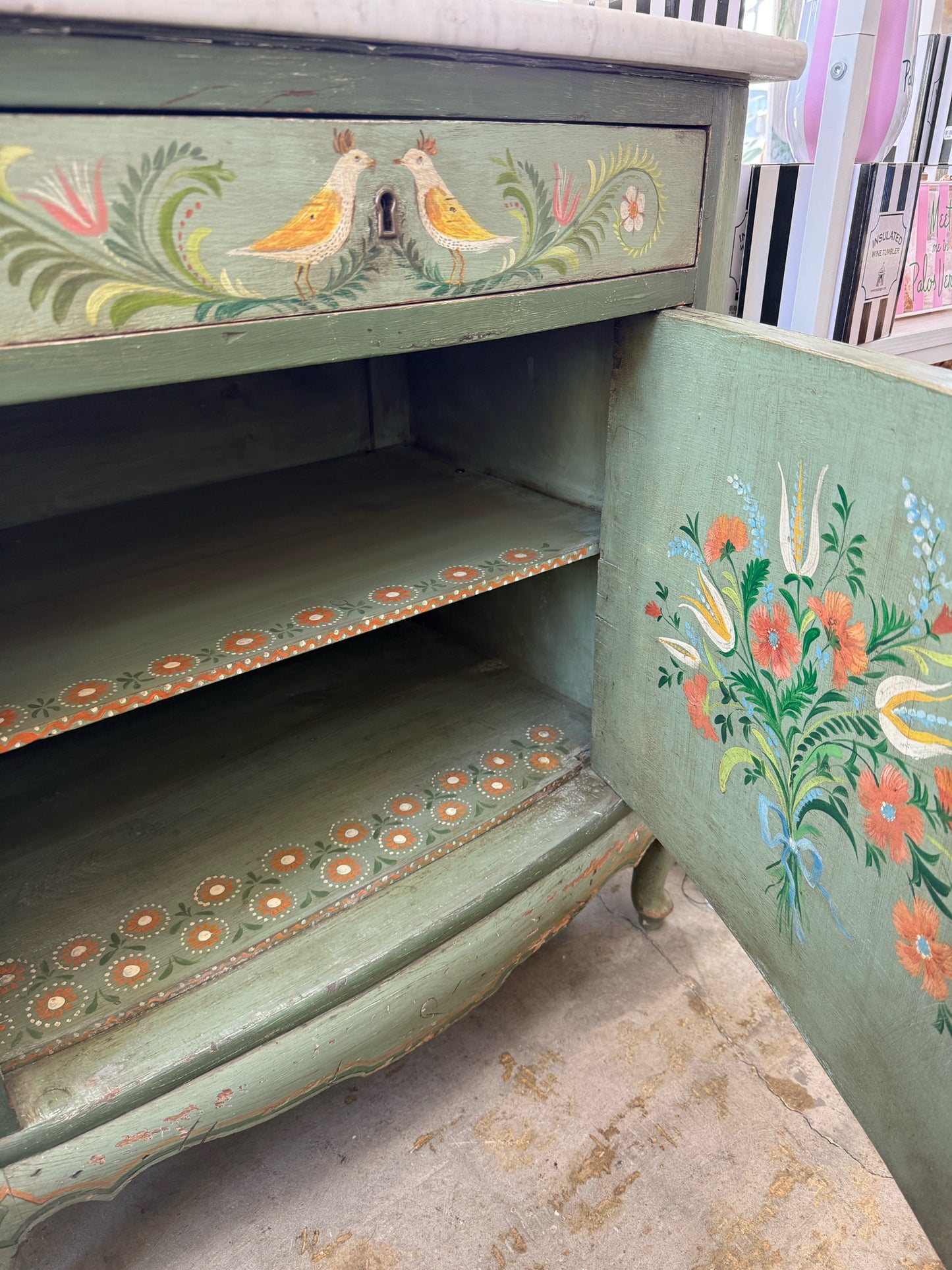 Italian Marble Top Painted Cabinet With Drawer