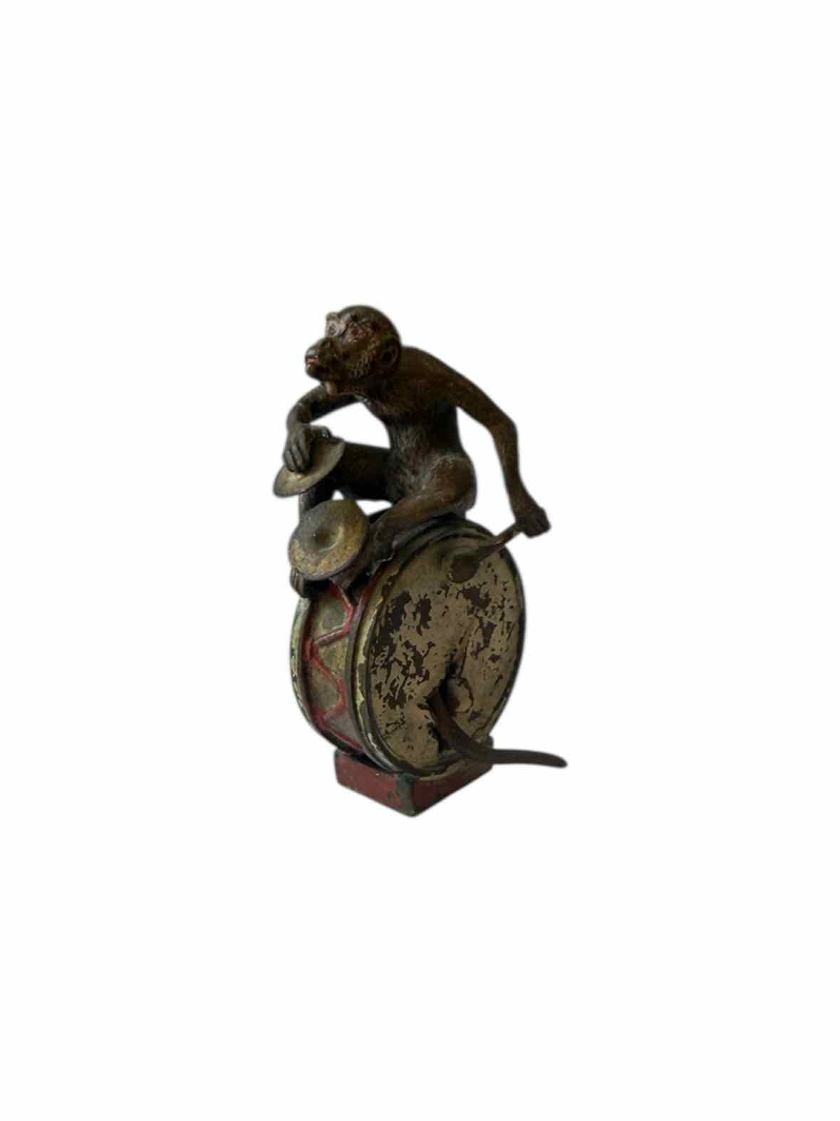 Antique Cold Painted Vienna Bronze Monkey On Drum Figurine