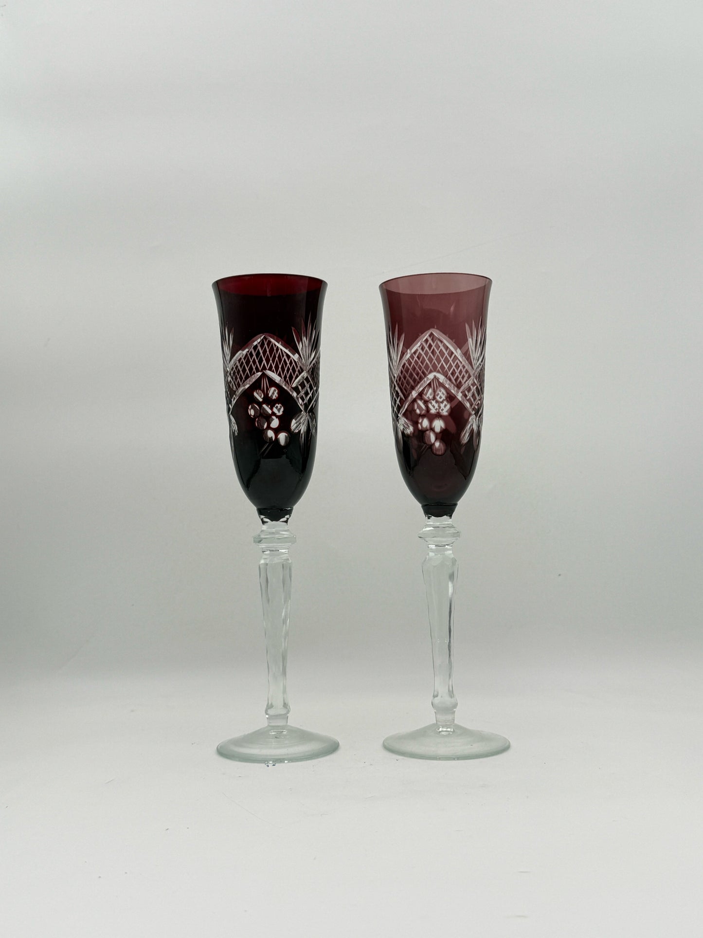Antique Bohemian Multi-Color Cut To Clear Champagne Flutes- Set Of 6