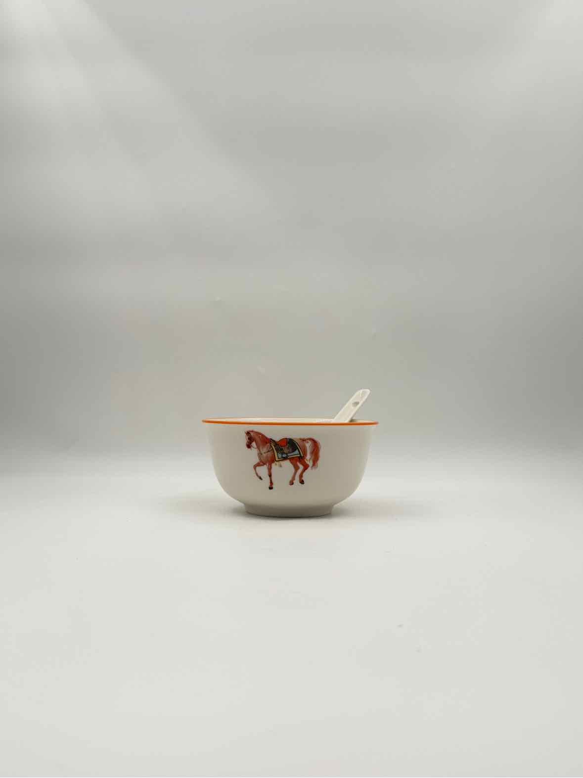 Set of 4 Horse Motif Porcelain Bowls with Matching Spoons