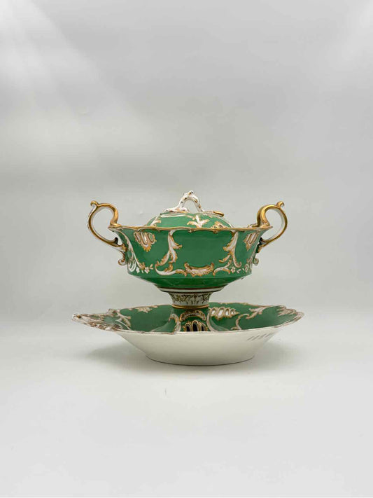 Antique Green Botanical Porcelain Tureen