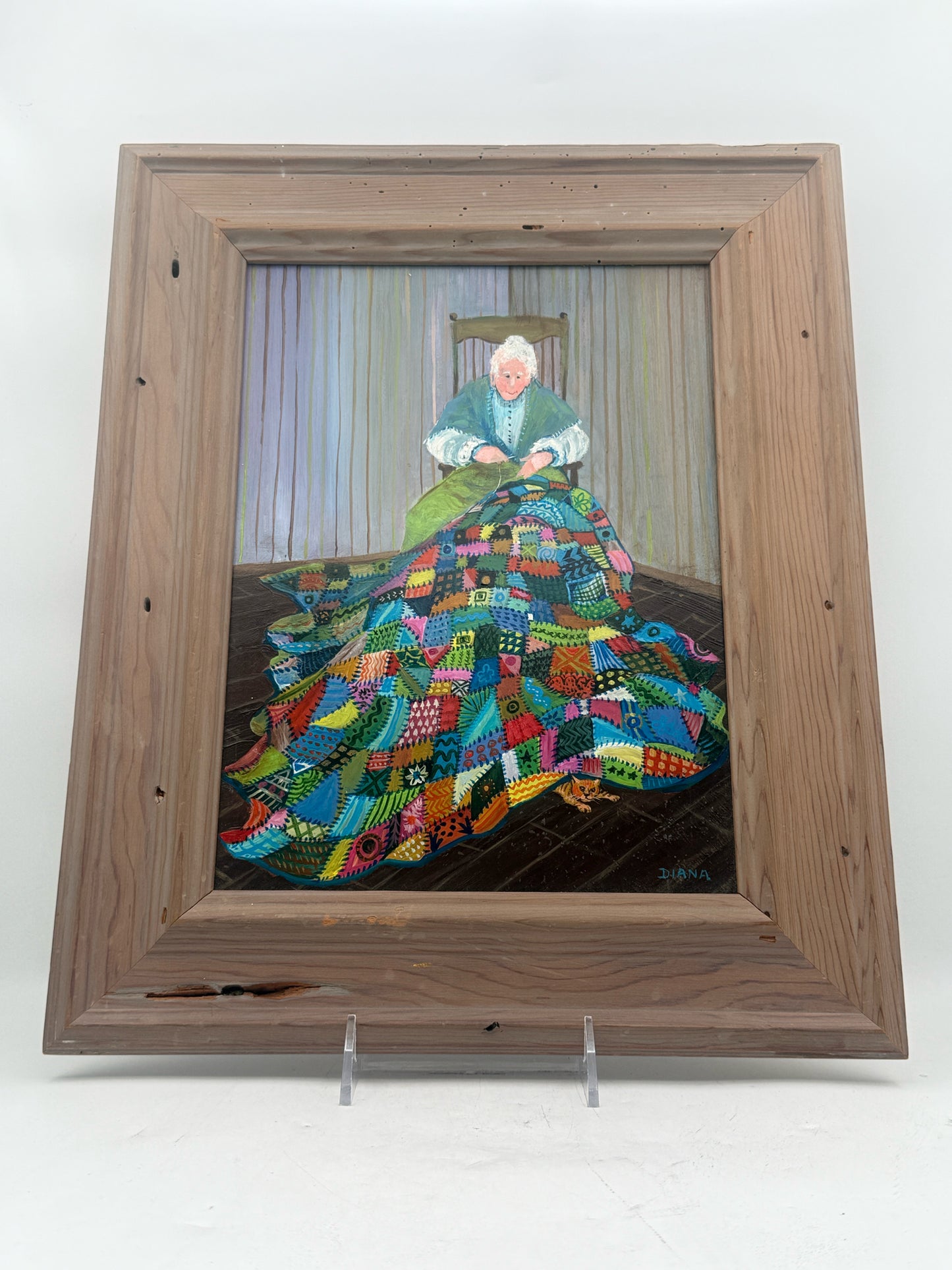 Framed Acrylic Painting Of A Grandma, Quilt, And Cat