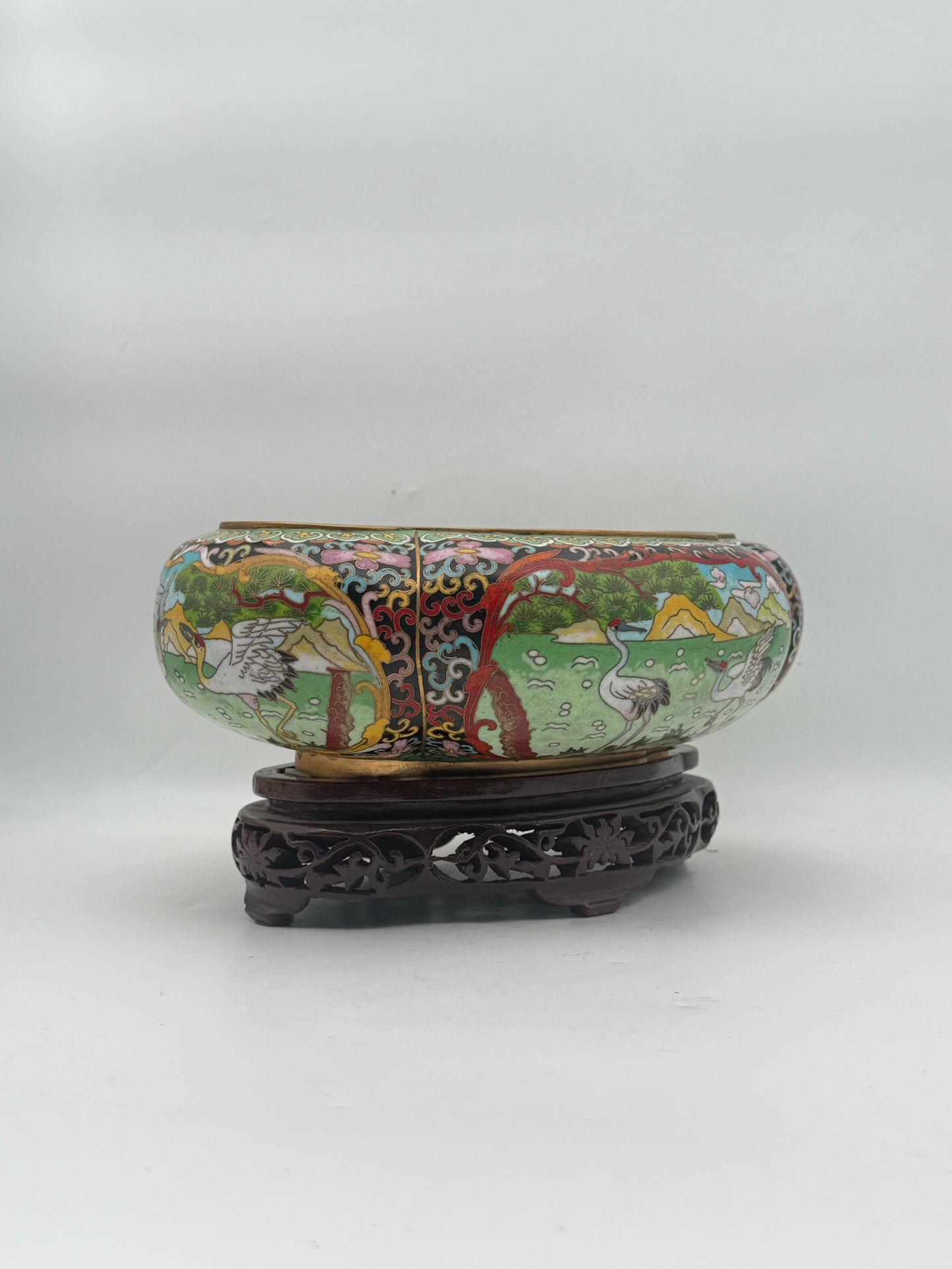 Cloisonne Crane Landscape Bowl On Stand