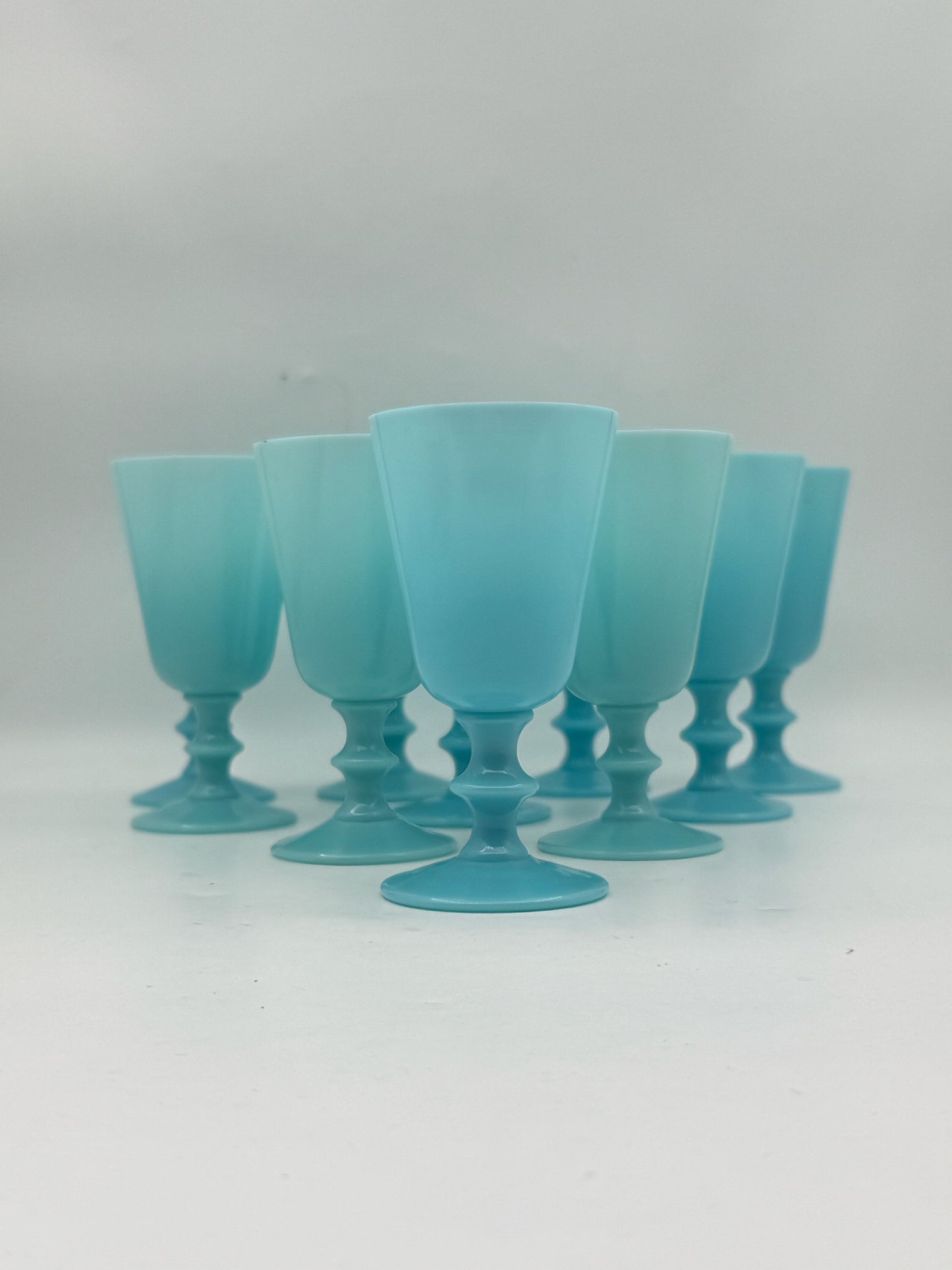 Vintage Blue Opaline Milk Glass Wine Glasses- Set Of 10
