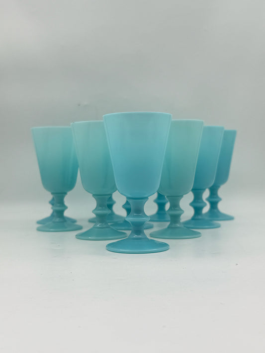 Vintage Blue Opaline Milk Glass Wine Glasses- Set Of 10