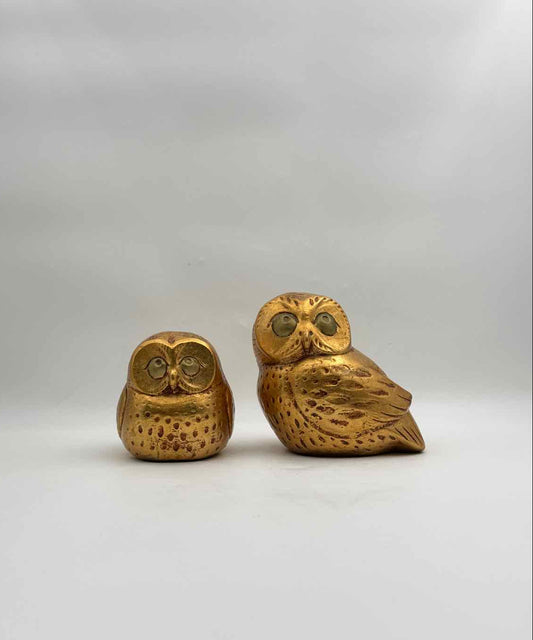 Vintage Mid Century Gold Leaf Owl Figurines Mama Baby Owl Set Decor