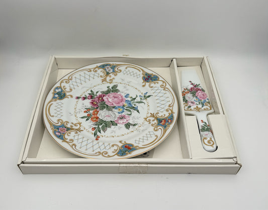 Vintage Floral Cake Plate With Matching Server And Box