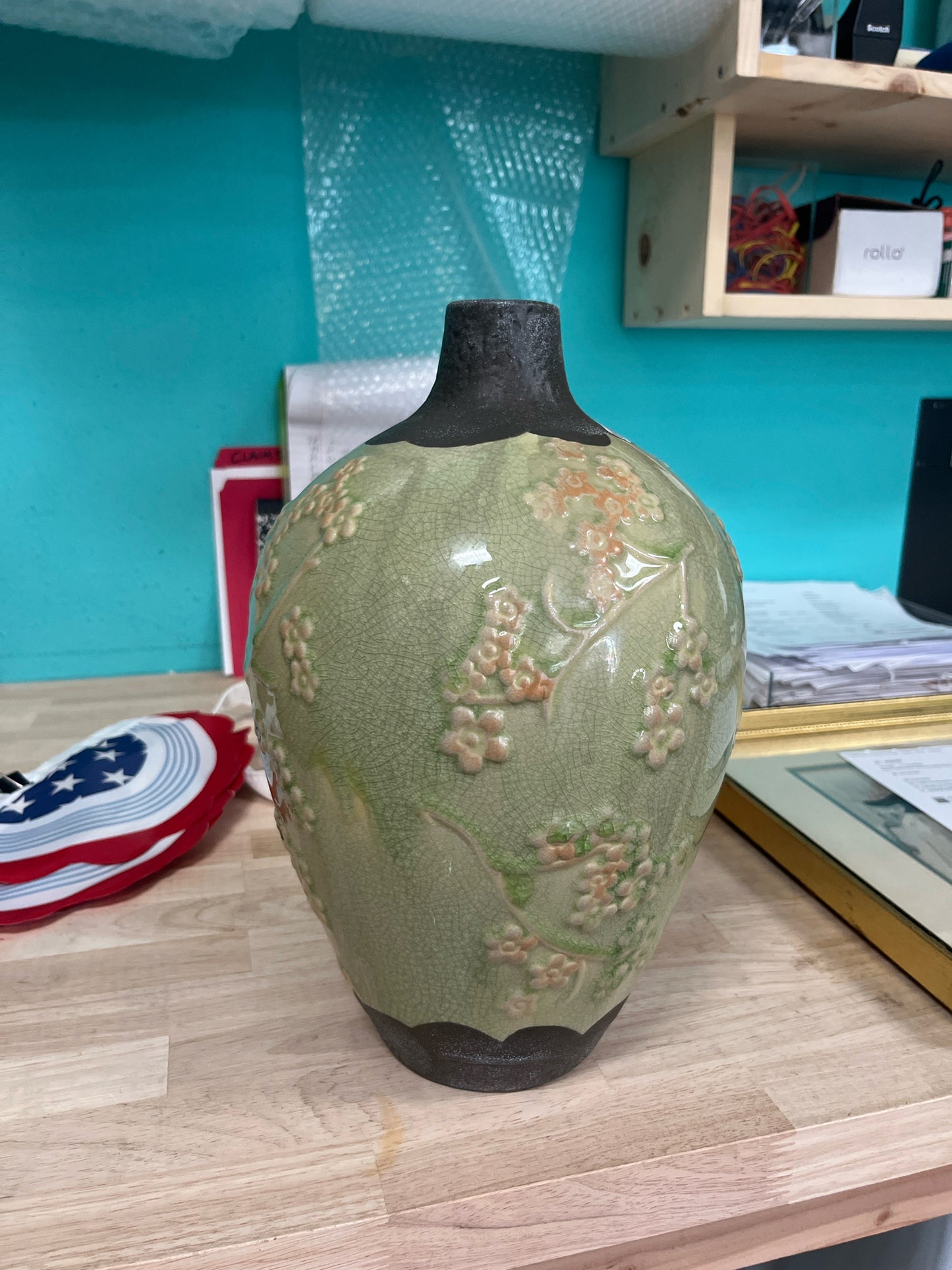 Green Crackle Glaze Cherry Blossom Vase