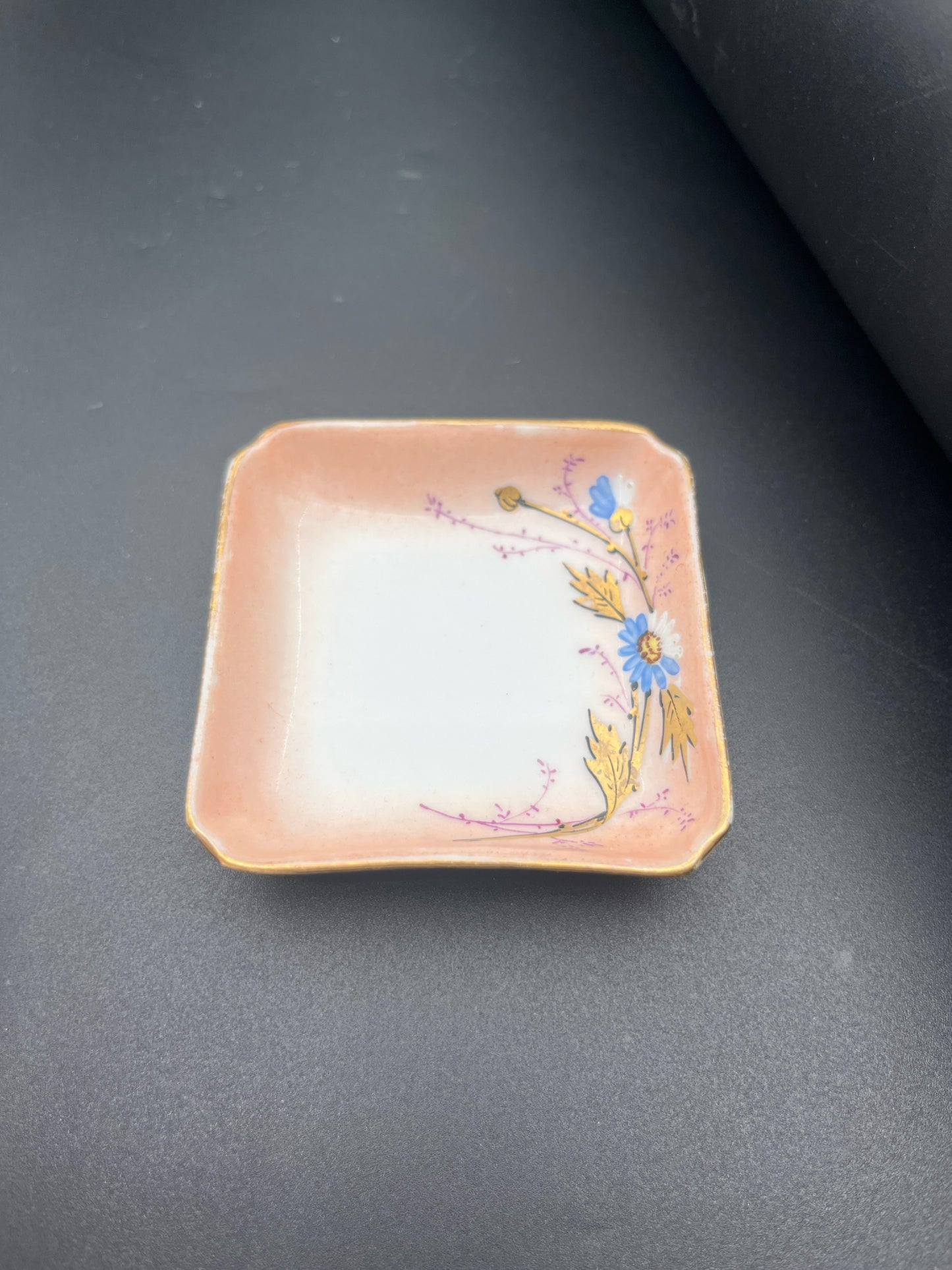 Vintage Hand-Painted Butter Pat – Floral & Gilt Square Porcelain